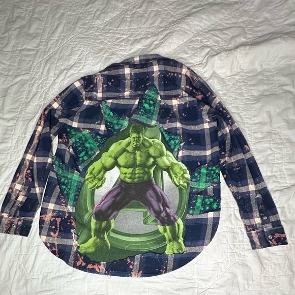 Hulk Marvel Upcycle wrangler flannel bleach distressed - Picture 8 of 11